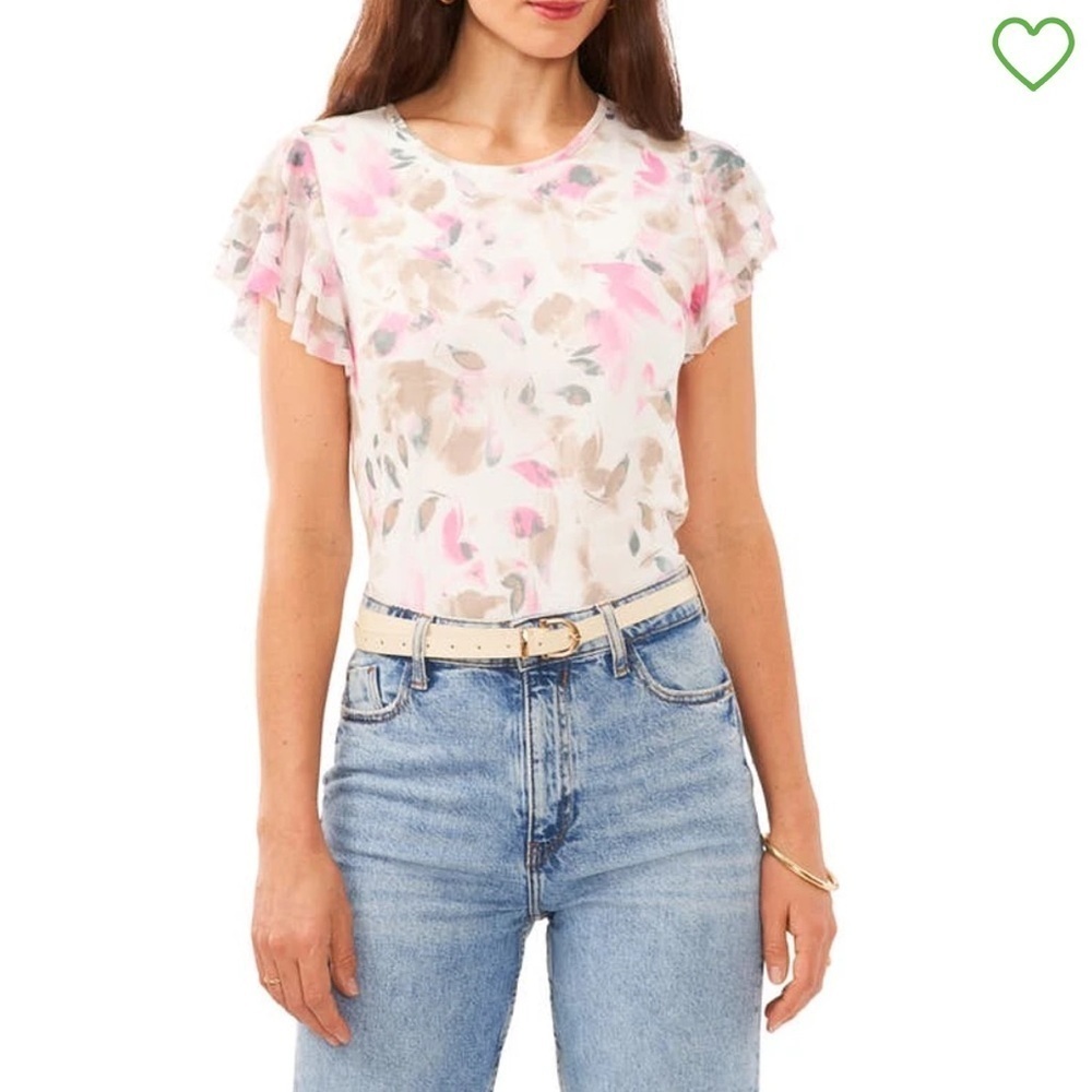 NWT Vince Camuto Floral Ruffle Sleeve Mesh Top at Nordstrom Pink and Grey M